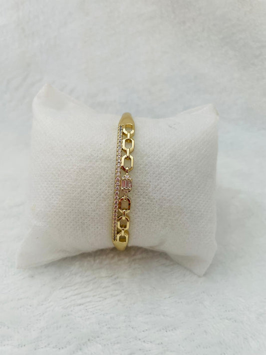 Pulsera Doble Cadena Chapada en Oro con Cristales y Eslabones