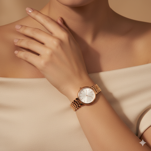 Rose gold watch on a wrist with a neutral background