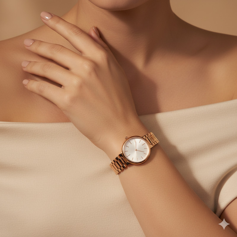 Rose gold watch on a wrist with a neutral background