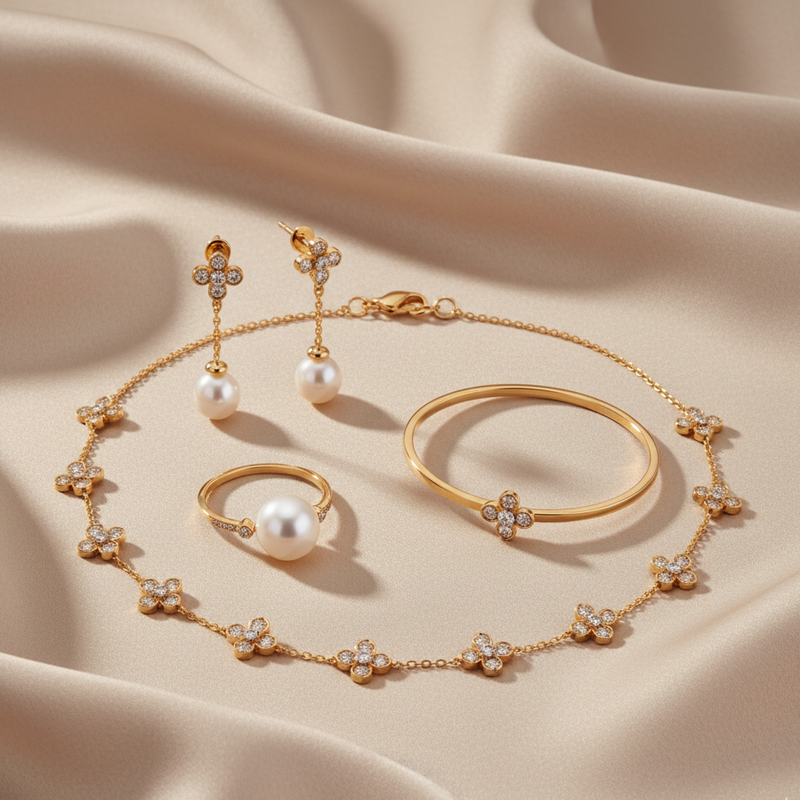 Gold jewelry set with pearls on a beige fabric background