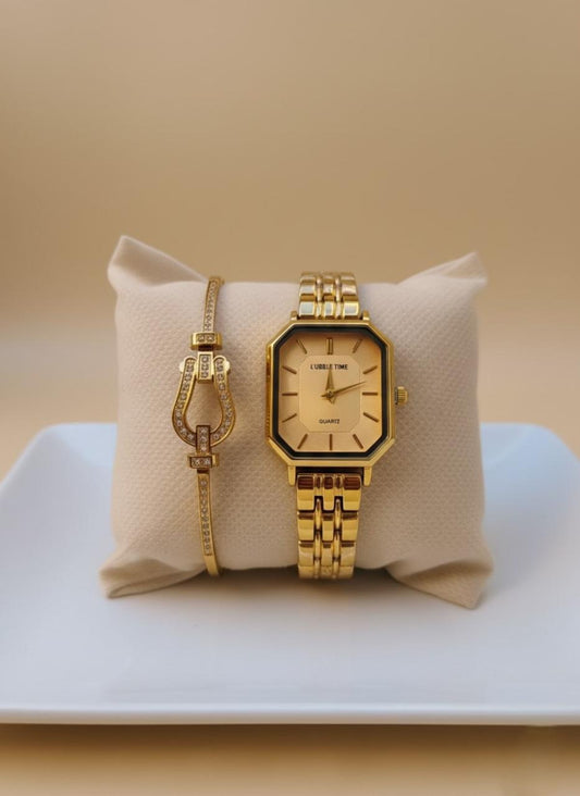Elegancia Clásica: Reloj y Pulsera Dorados para un Estilo Sofisticado