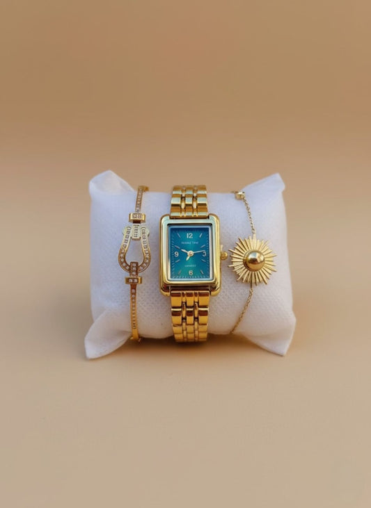 Sol Radiante y Elegancia en Oro: Reloj y Pulseras con Encanto