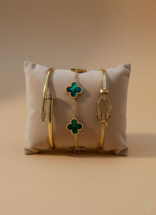 Oro, Verde Esmeralda y Brillo: Un Trío de Pulseras con Estilo Distintivo