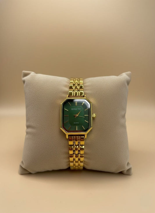 Reloj de Mujer Dorado con Esfera Verde y Estilo Octogonal