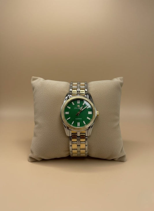 Elegante Reloj de Pulsera Bicolor con Esfera Verde para Mujer